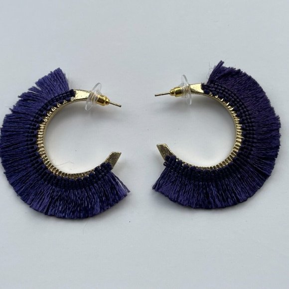 AREA Jewelry Earrings Gold Tone hoops Post Purple Fringe Fabric - Picture 7 of 12